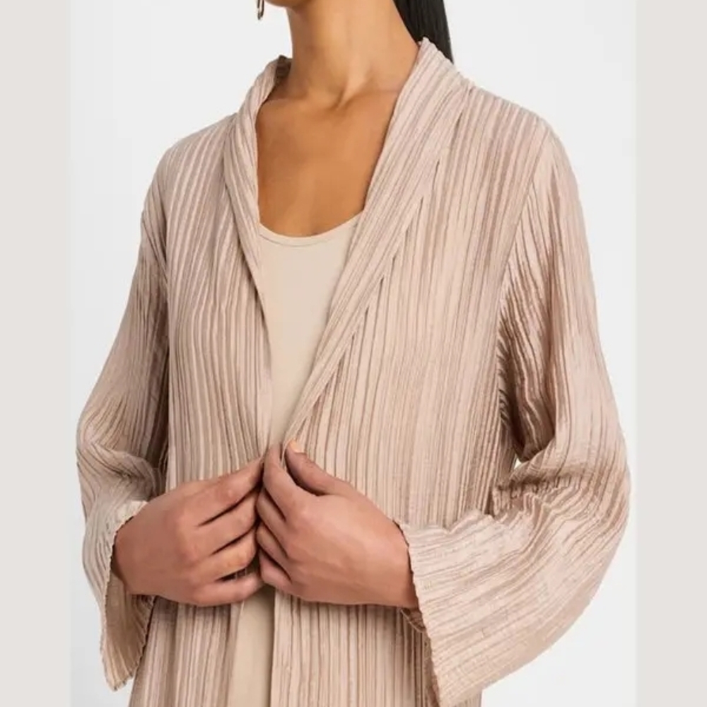 Eileen Fisher Crinkle Shimmer High Collar Open Front Silk Jacket Sz M
